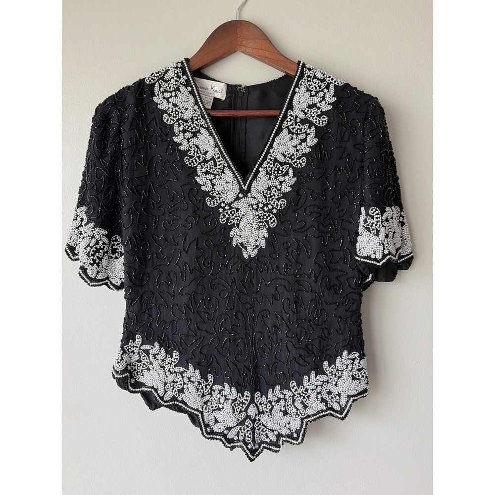 Vintage 80s Laurence Kazar Beaded Silk Blouse Black White Floral V-Neck Top PL